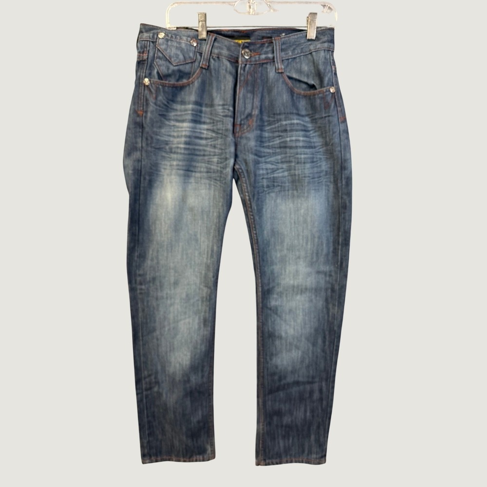 Chams Premium Mens Blue Denim Straight Leg Jeans Size‎ 32 Medium Wash Whiskered